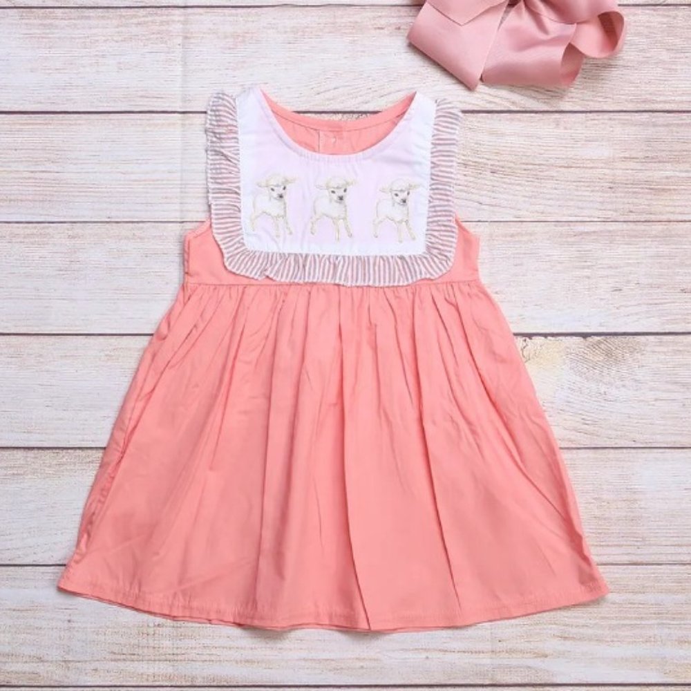 Boutique Easter Lamb Sheep Girls Sleeveless Pink Dress